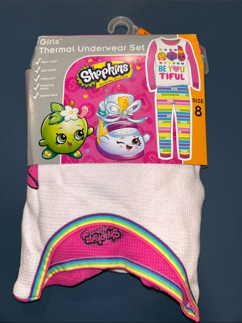 NWT- Shopkins Girls Pink Rainbow-Trim Thermal 2 Piece Matching Set